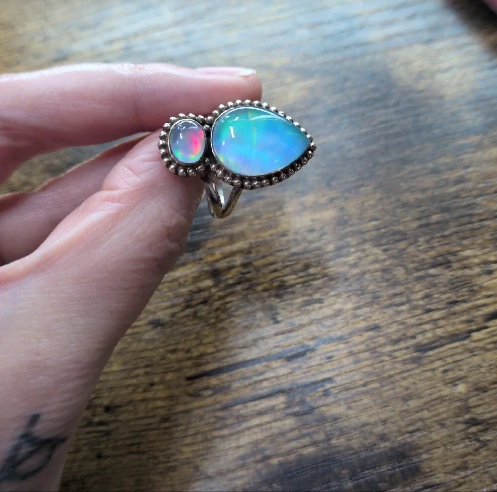 Sterling Teardrop Opal Double Stone Ring - Iridescent Blue-Pink